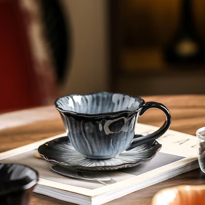 10 oz Embossed Floral Ceramic Coffee Mug with Saucer