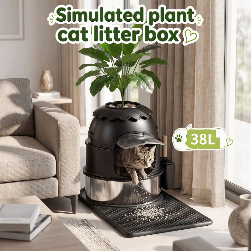 Large Decorative Hidden Stainless Steel Cat Litter Box with Artificial Plants