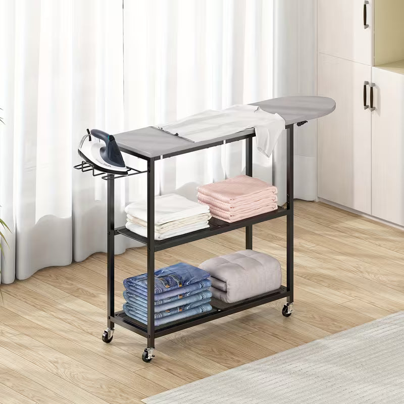 3-Layer Ironing Board Cart with Shelves and Rolling Wheels