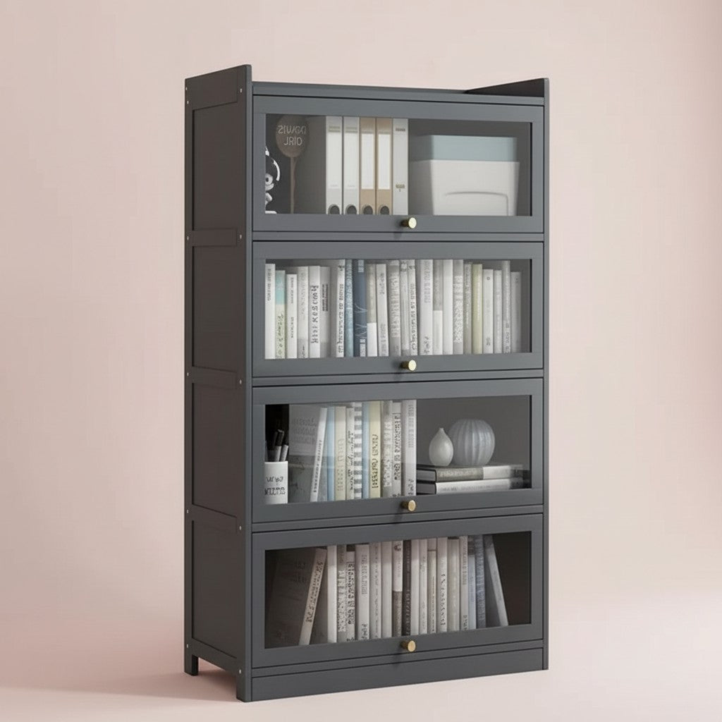 Tall Bamboo Bookshelf with Acrylic Doors, 4 Tier Storage Cabinet