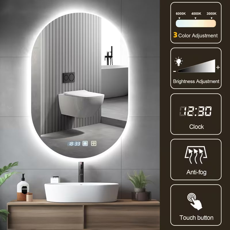 30x20 in LED Bathroom Mirror with Anti-Fog and Lights