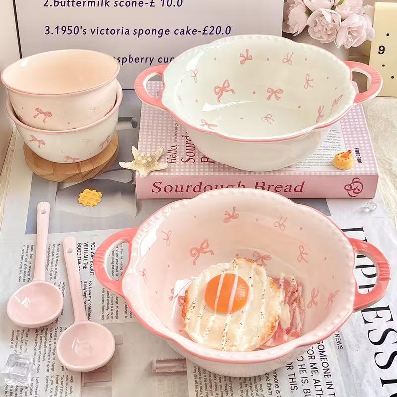 Large Ceramic Soup Bowl with Double Handles and Bowknot