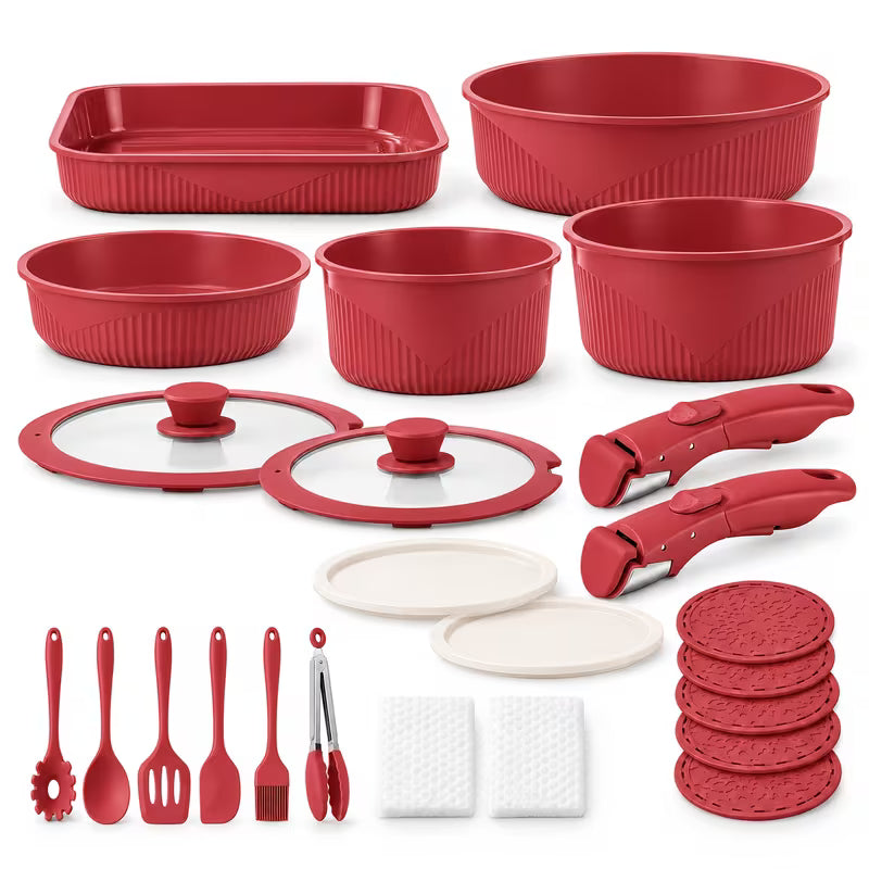 24-Piece Nonstick Cookware Set with Detachable Handles