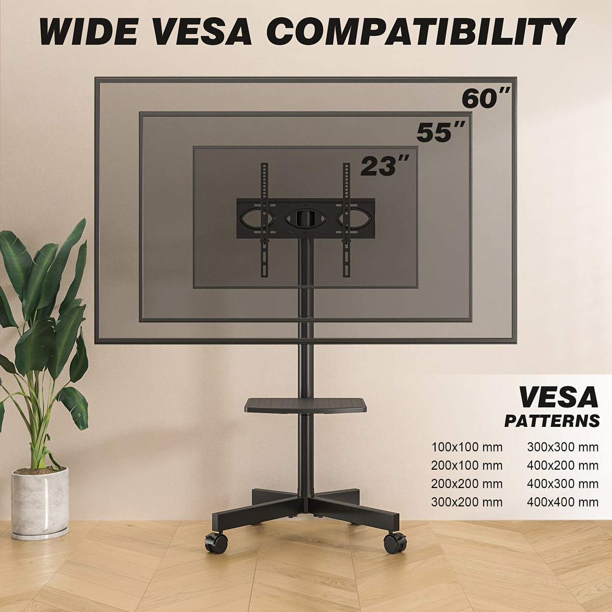 Mobile TV Cart Stand 23-60 Inch Rolling TV Stand w/ Shelf VESA 400x400 88lbs