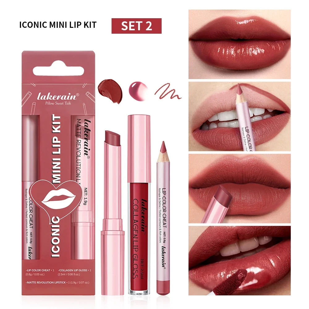 Lipliner&Lipstick Lip Gloss Set 3pcs/set Waterproof Long Lasting Lip Makeup Matte Travel Mini Set Women's Makeup Cosmetics