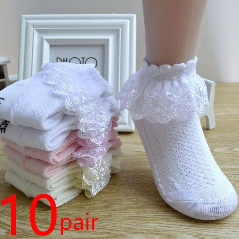 Baby Girls’ Lace-Ruffle Socks – 10 Pairs, Ages 1–7