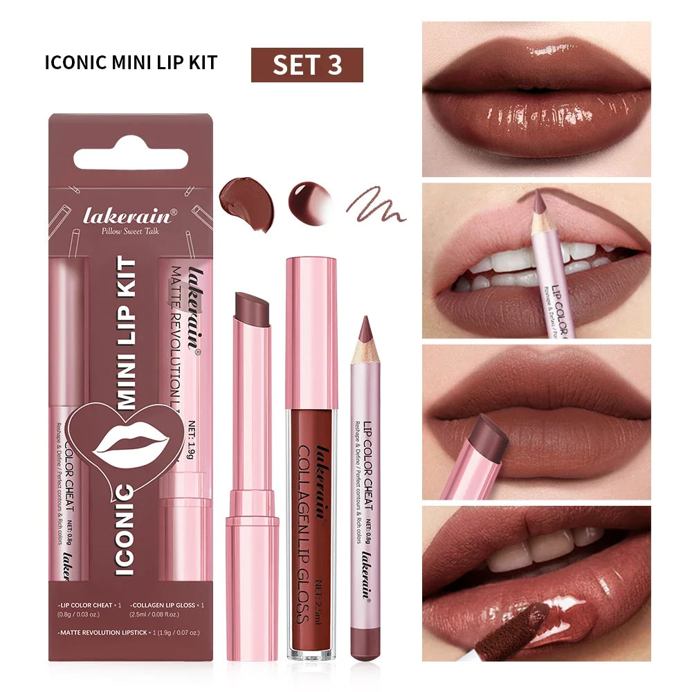 Lipliner&Lipstick Lip Gloss Set 3pcs/set Waterproof Long Lasting Lip Makeup Matte Travel Mini Set Women's Makeup Cosmetics