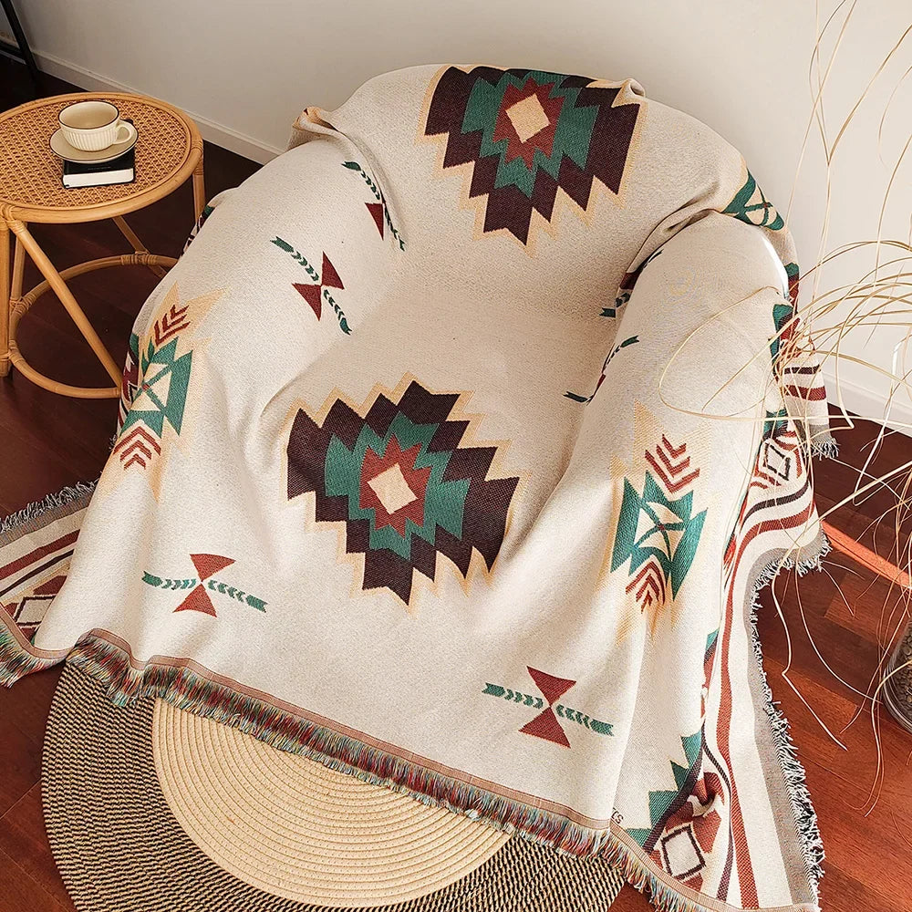 Oversized Aztec Geometric Throw Blanket with Fringe