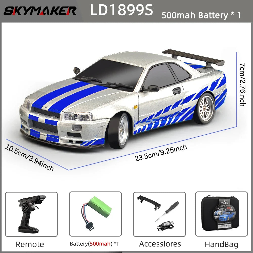 Skymaker LDRC 1/18 RC Drift Car LD1899 GTR Mode R34 2.4GHz RWD with Gyroscope on-Road Alloy Body Shell Racing Car for Boys Gifts