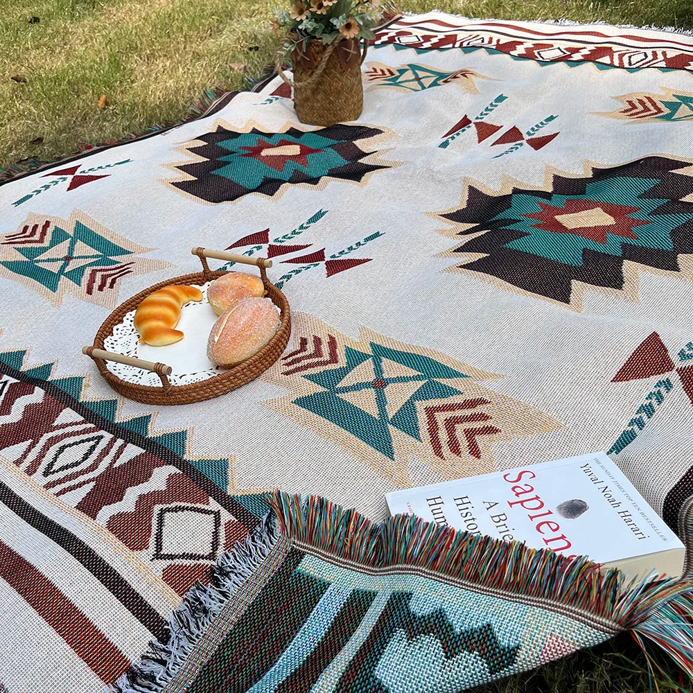 Oversized Aztec Geometric Throw Blanket with Fringe