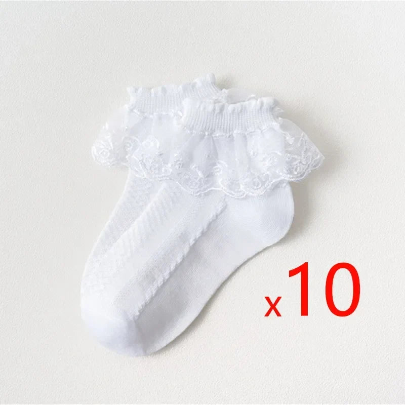 Baby Girls’ Lace-Ruffle Socks – 10 Pairs, Ages 1–7