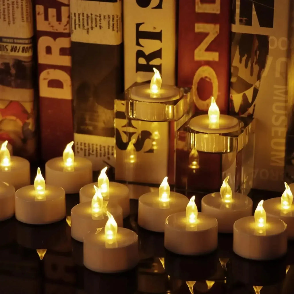 Warm Yellow LED Flameless Tea Lights – 12-Pack