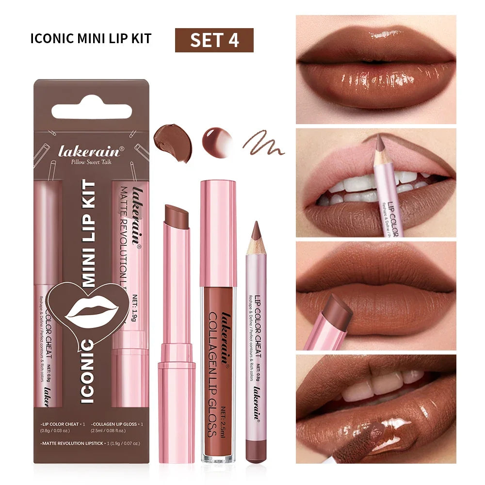 Lipliner&Lipstick Lip Gloss Set 3pcs/set Waterproof Long Lasting Lip Makeup Matte Travel Mini Set Women's Makeup Cosmetics
