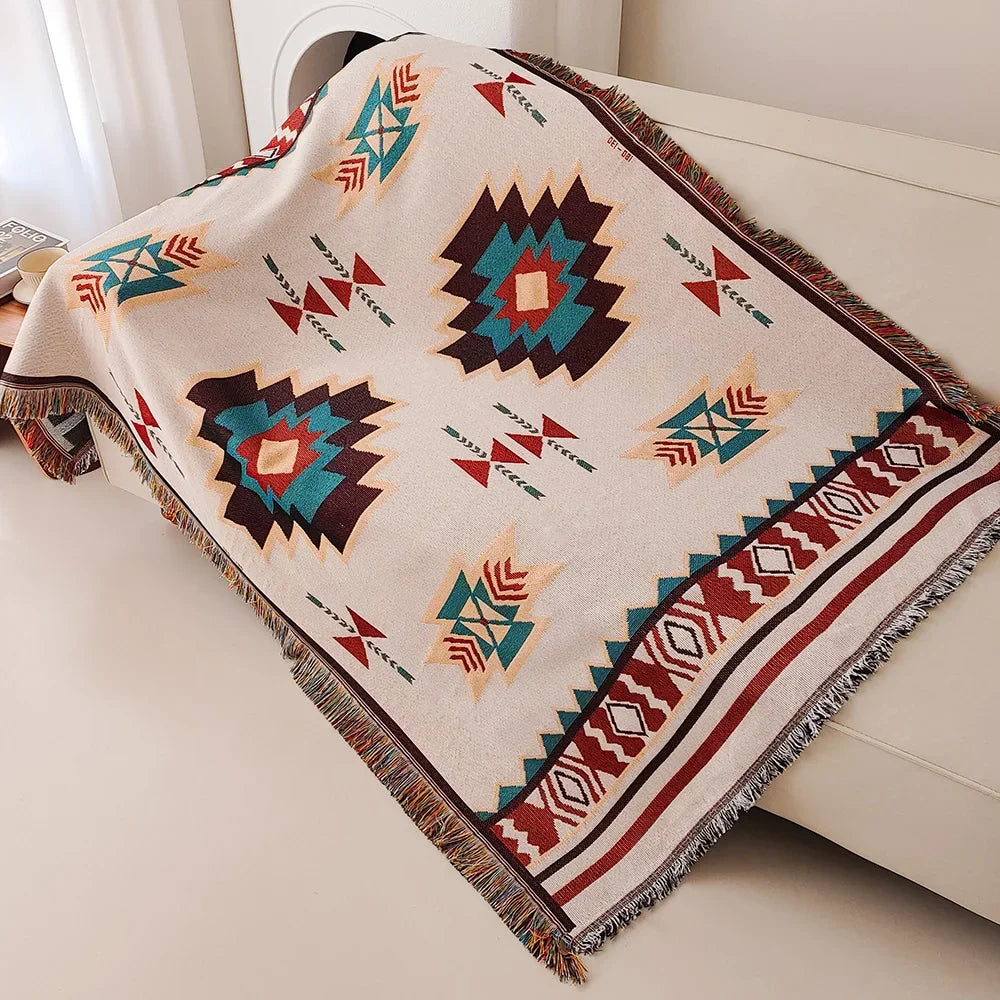 Oversized Aztec Geometric Throw Blanket with Fringe