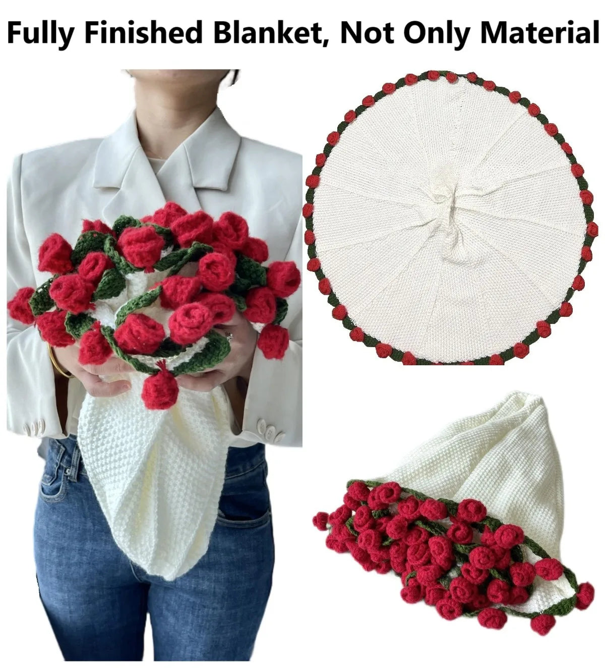 Finished Rose Blanket Bouquet Rose Flowers Handmade Crochet Acrylic Fuzzy Sweater Bed Couch Mother's Day Gift For Mum Blanket