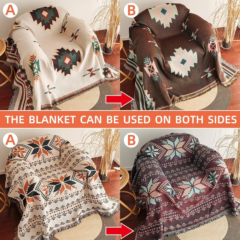 Oversized Aztec Geometric Throw Blanket with Fringe