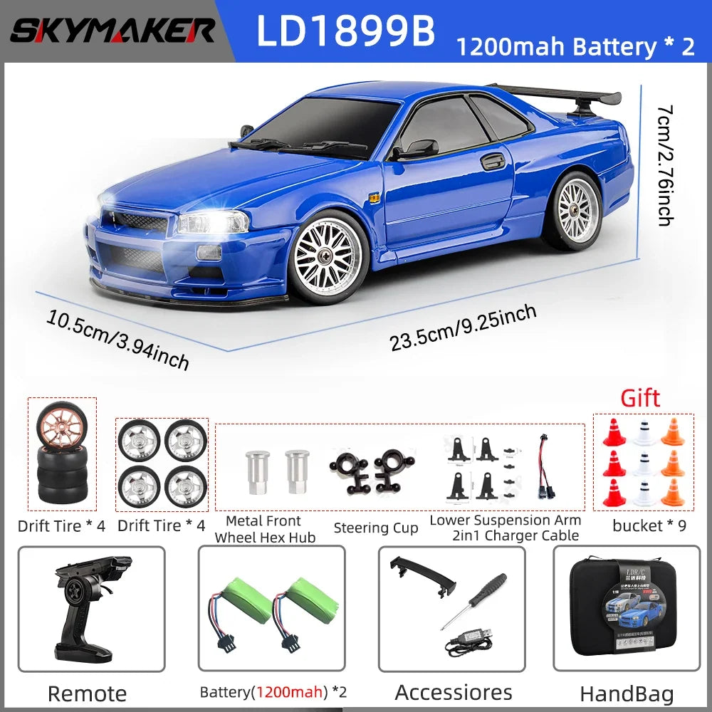 Skymaker LDRC 1/18 RC Drift Car LD1899 GTR Mode R34 2.4GHz RWD with Gyroscope on-Road Alloy Body Shell Racing Car for Boys Gifts