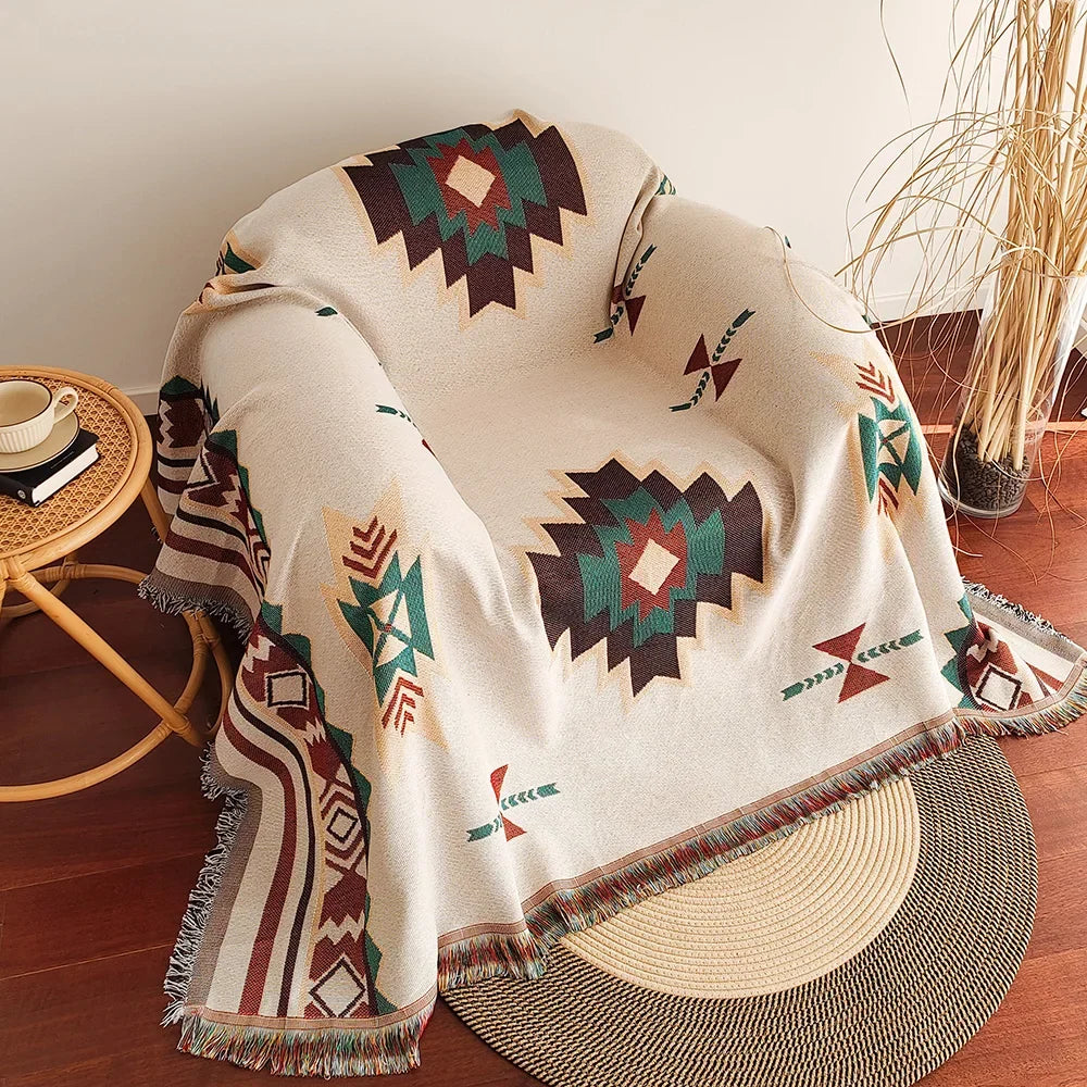 Oversized Aztec Geometric Throw Blanket with Fringe