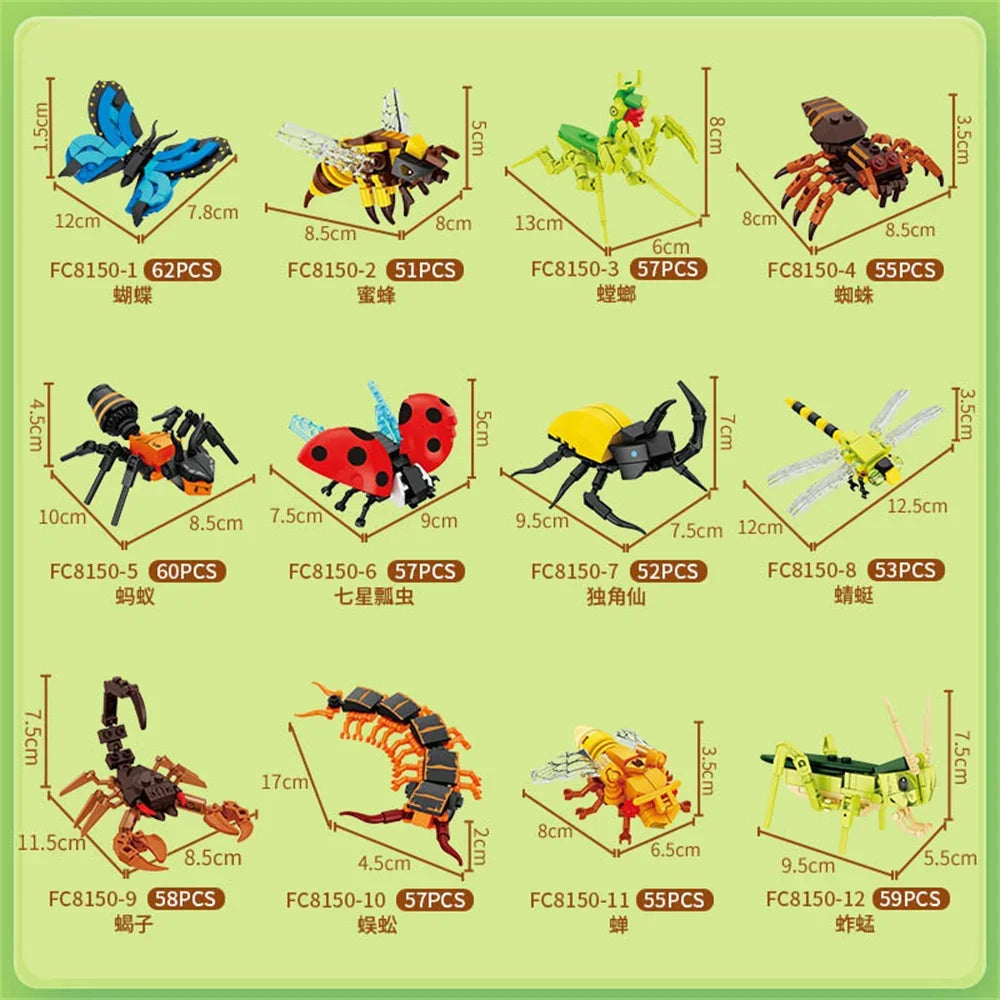 Moc Insect Animal Model Bee Ant Butterfly Cricket Grasshopper Set Building Blocks Diy Children Puzzle Assemble Toys Boy Kid Gift
