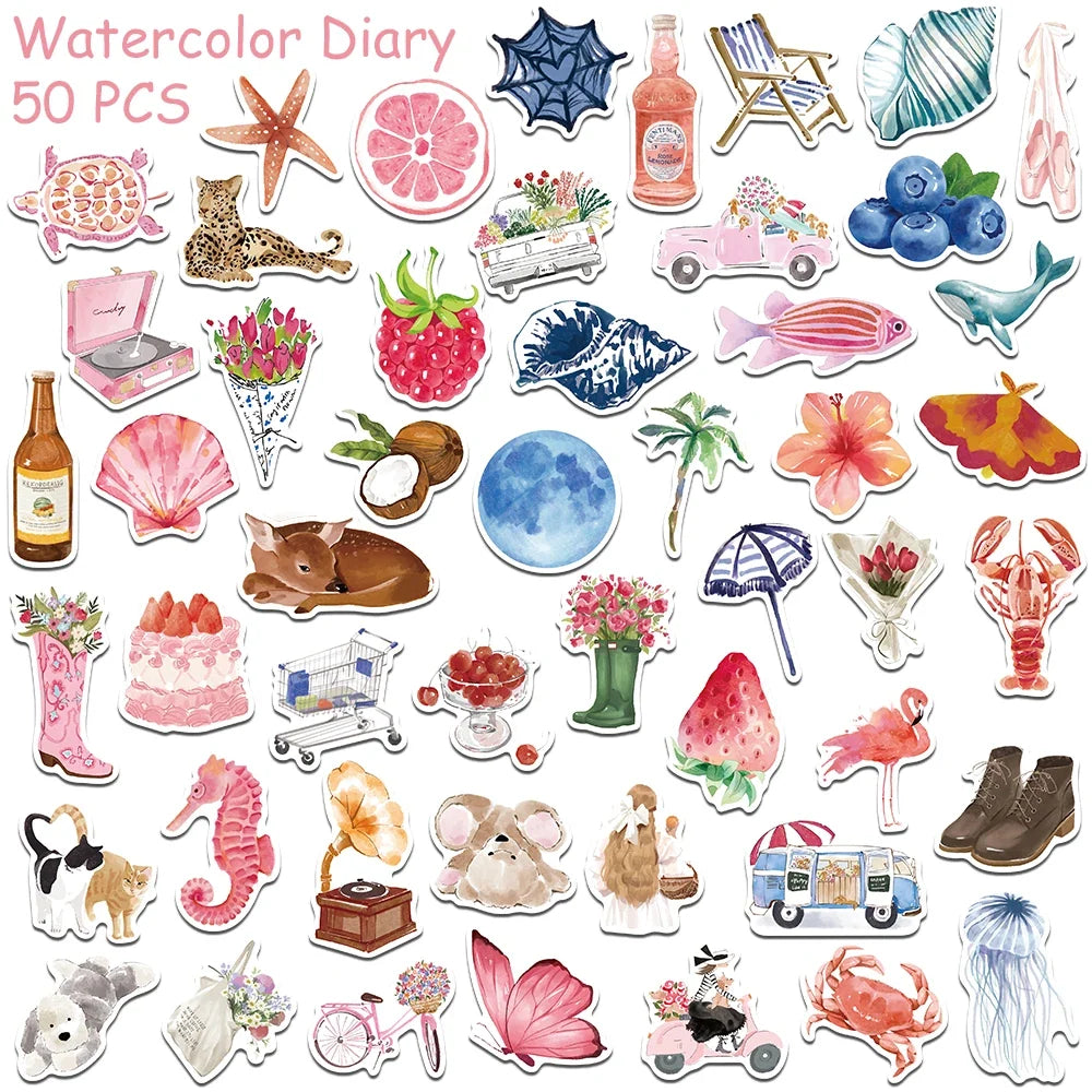 Watercolor Diary Stickers – 50 or 100 Pieces
