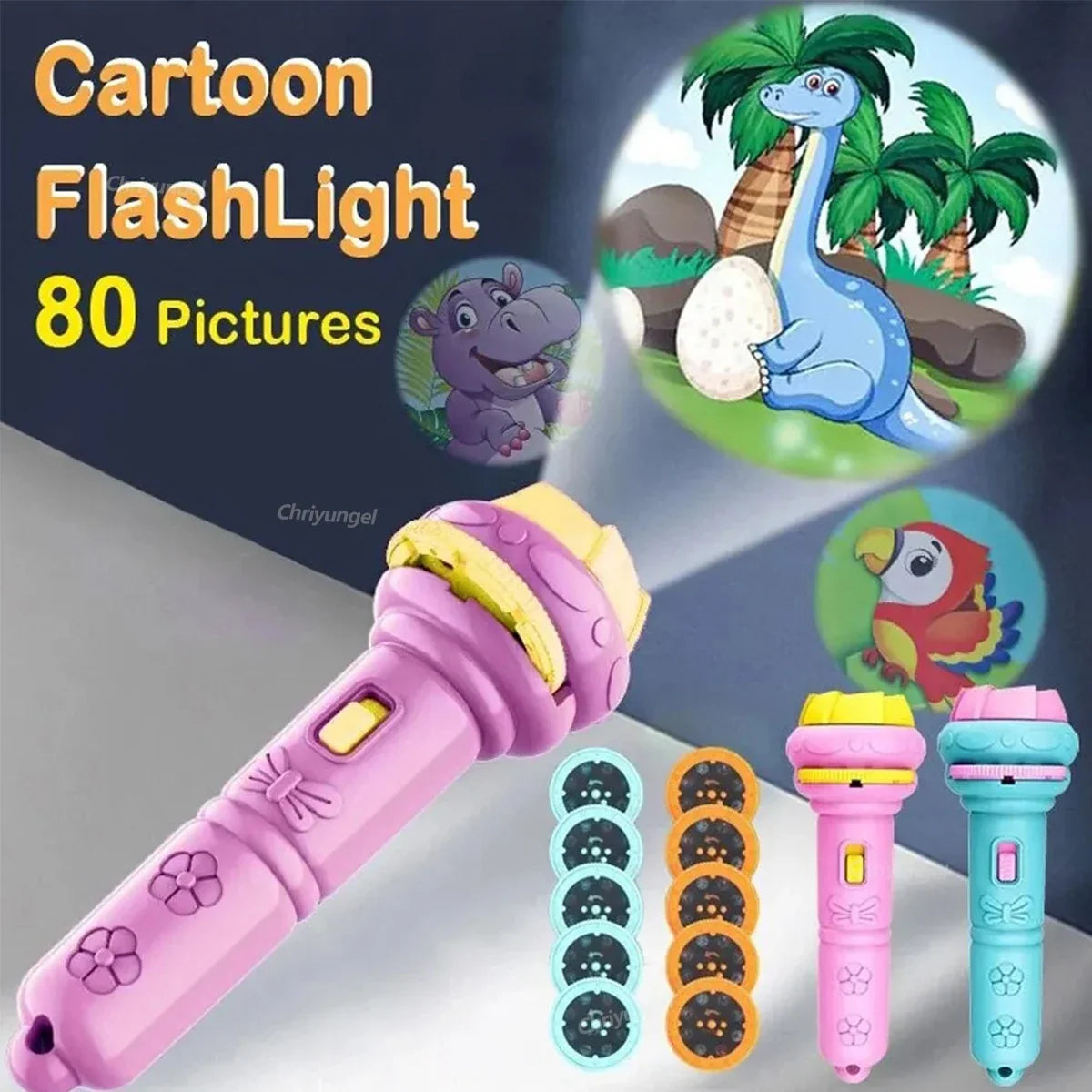 Kids’ Cartoon Projection Flashlight – 10 Picture Cards