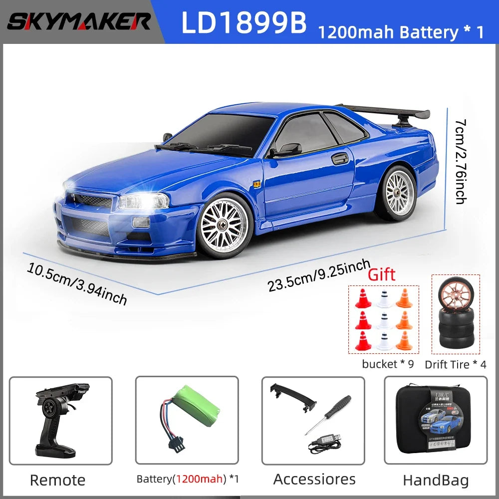 Skymaker LDRC 1/18 RC Drift Car LD1899 GTR Mode R34 2.4GHz RWD with Gyroscope on-Road Alloy Body Shell Racing Car for Boys Gifts
