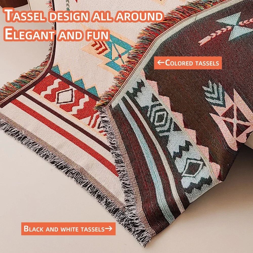 Oversized Aztec Geometric Throw Blanket with Fringe