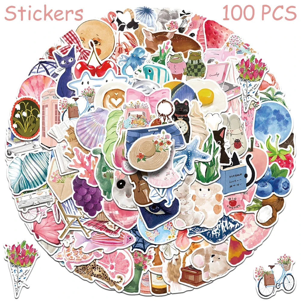 Watercolor Diary Stickers – 50 or 100 Pieces