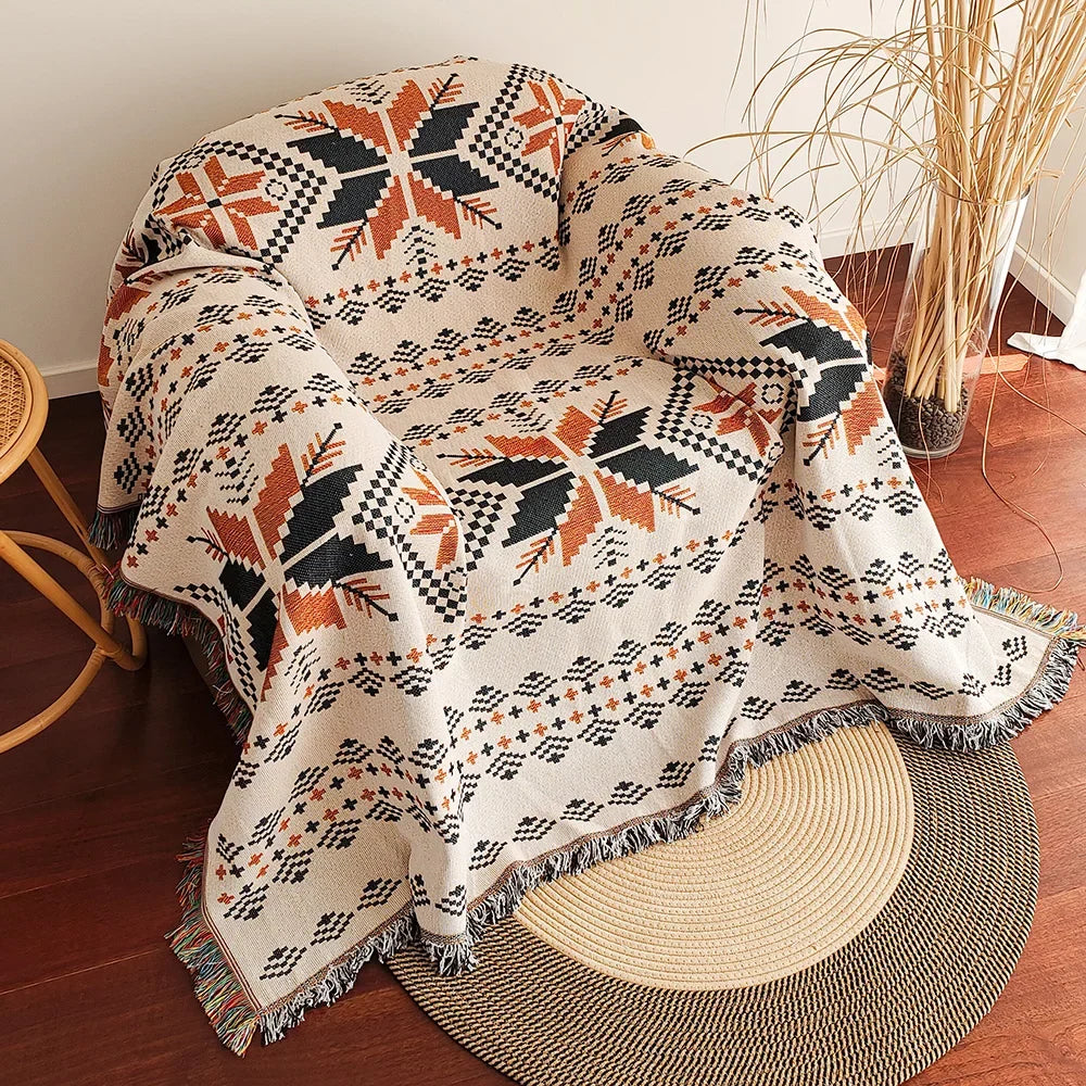 Oversized Aztec Geometric Throw Blanket with Fringe