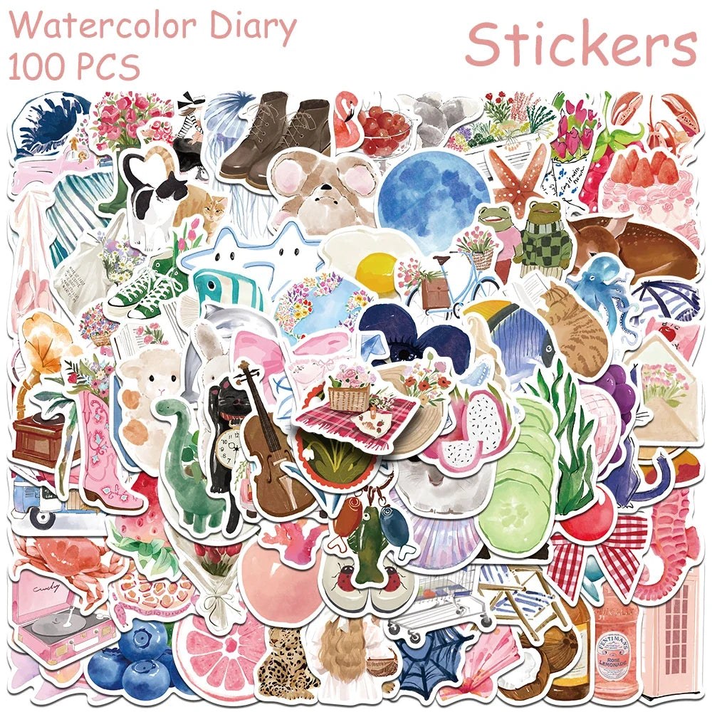 Watercolor Diary Stickers – 50 or 100 Pieces