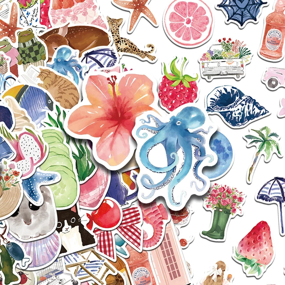 Watercolor Diary Stickers – 50 or 100 Pieces