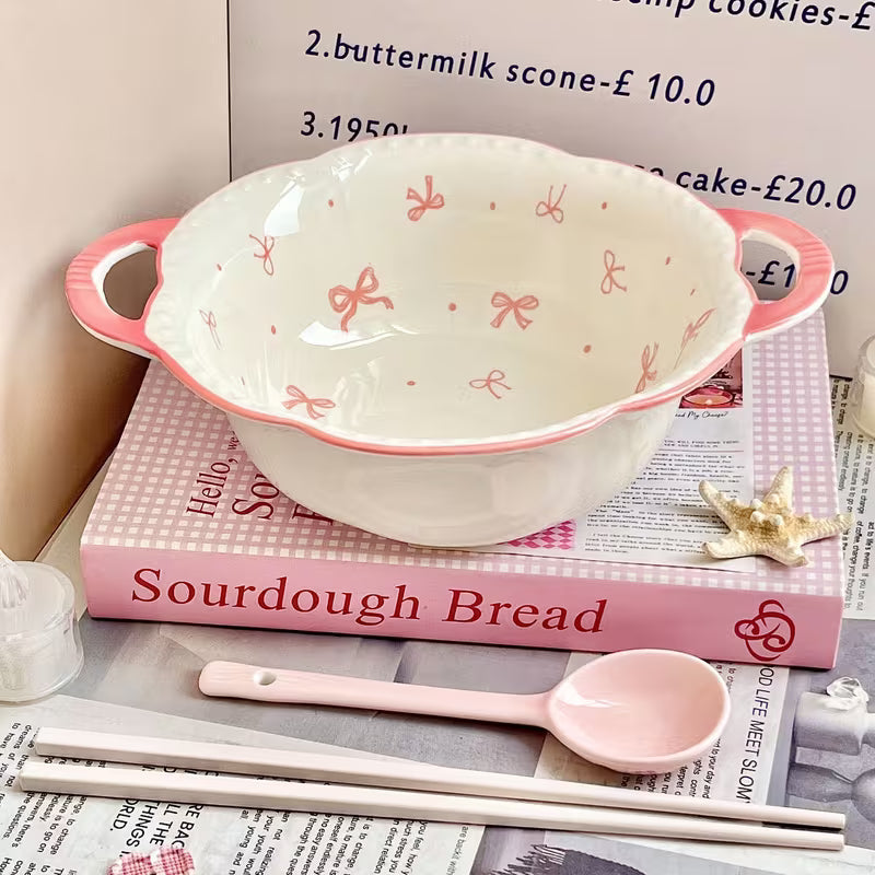 Large Ceramic Soup Bowl with Double Handles and Bowknot