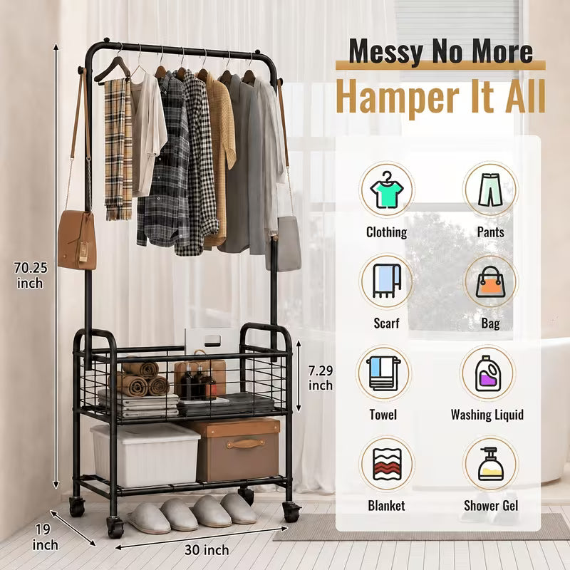Metal Rolling Laundry Cart with Hanging Rack and Storage Shelf
