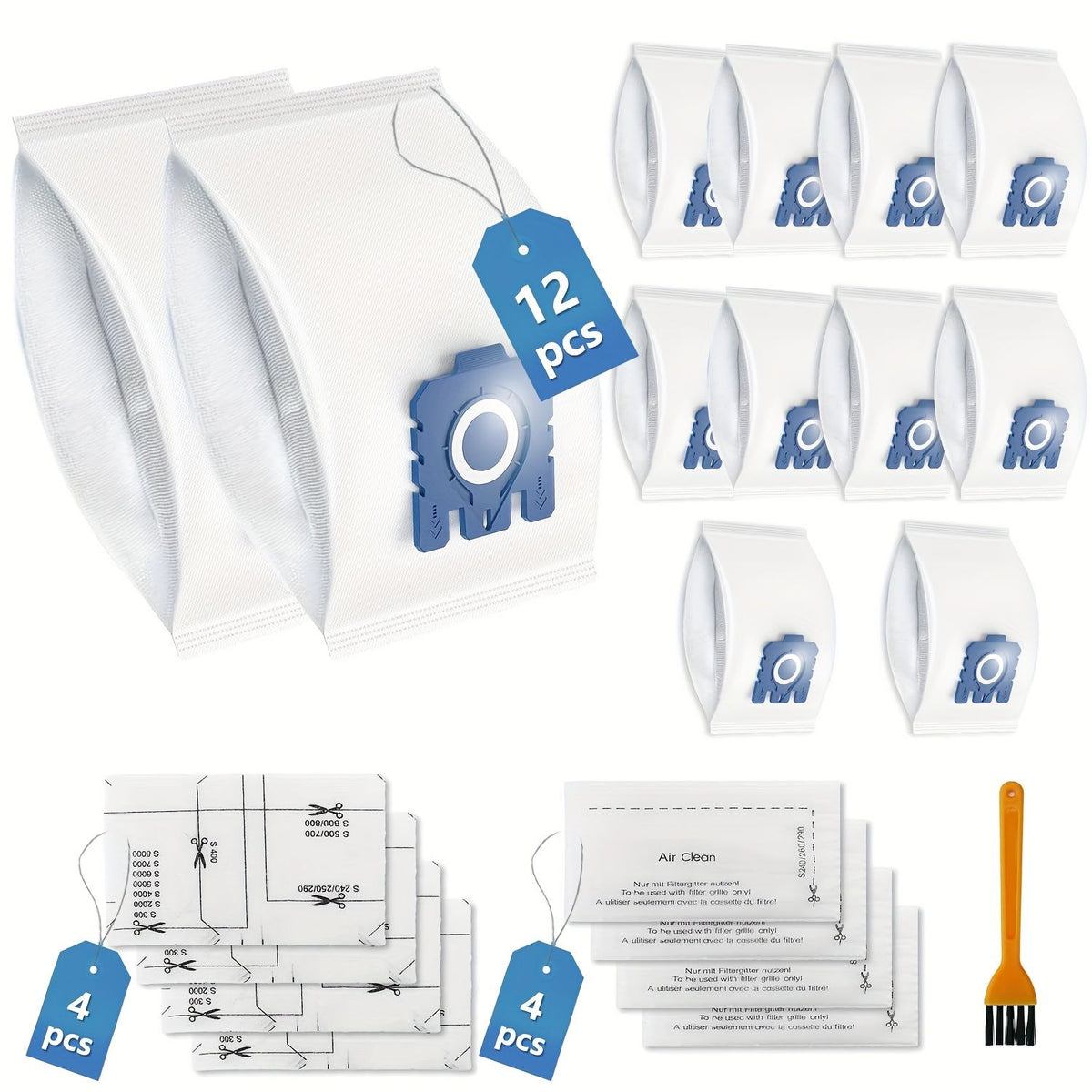 12 Pack Vacuum Bags with 8 Filters for Miele C1 C2 C3