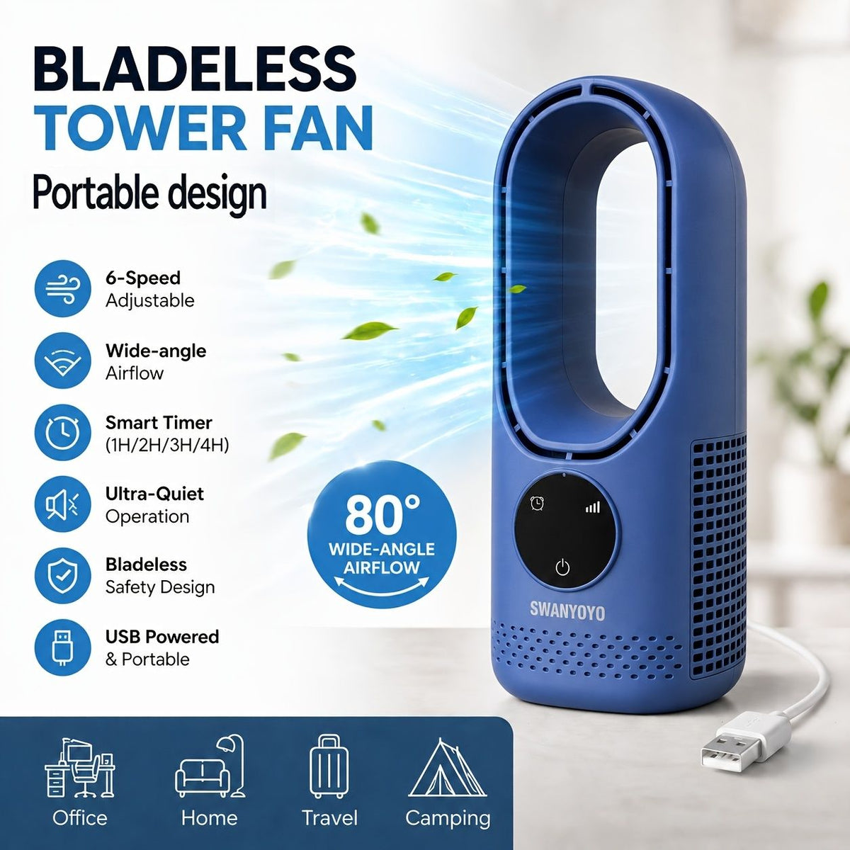 Portable Bladeless Tower Fan with Remote