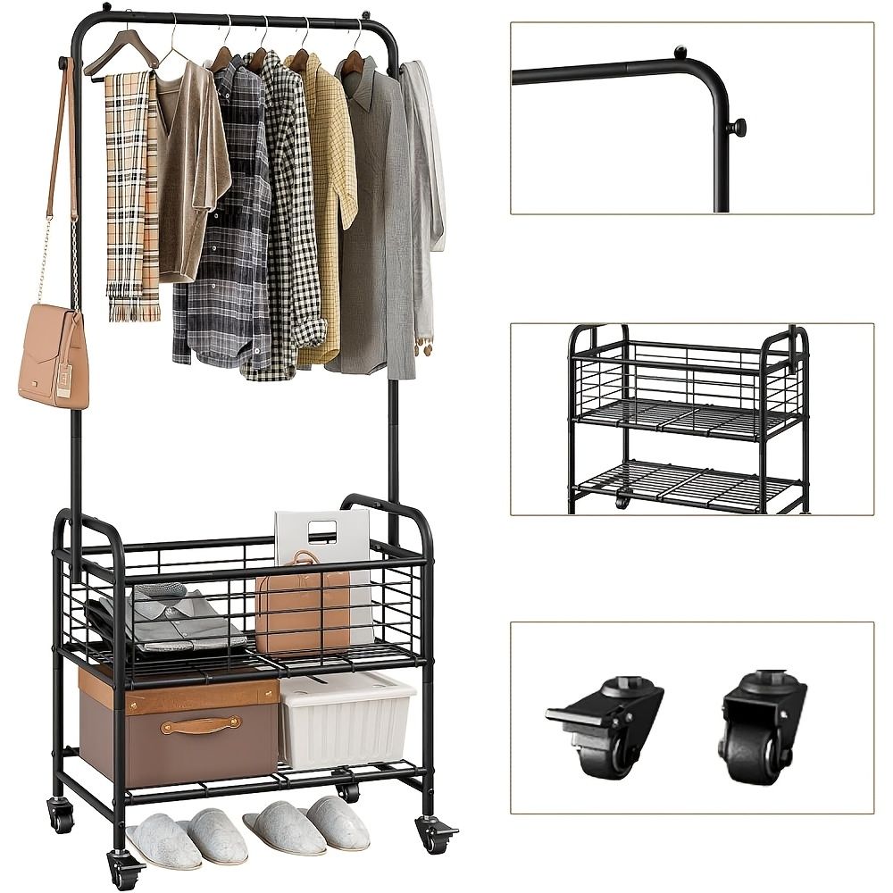 Metal Rolling Laundry Cart with Hanging Rack and Storage Shelf