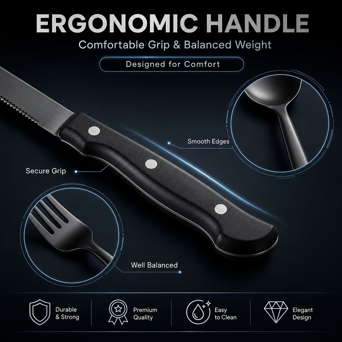 48-Piece Black Stainless Steel Flatware Set with Steak Knives