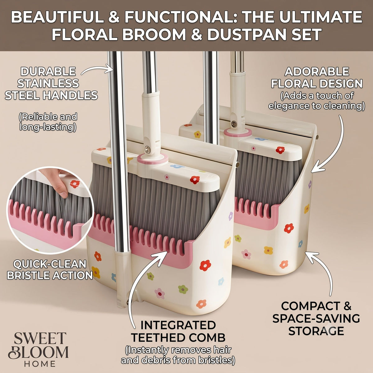 Upright Broom and Dustpan Set with Comb Teeth and Long Handle