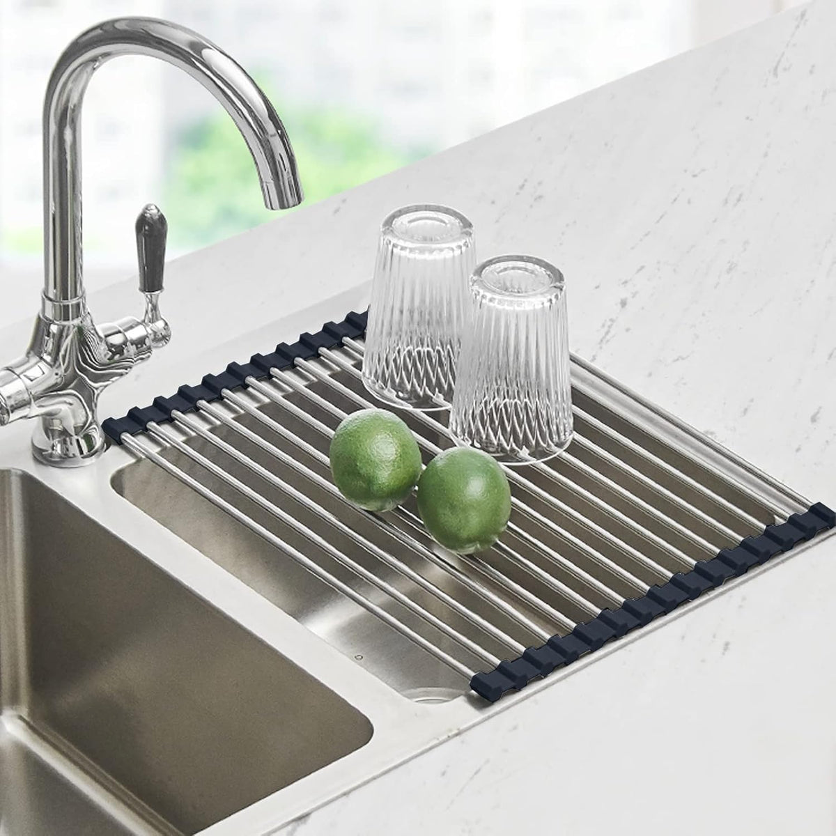 Roll Up Stainless Steel Dish Drying Rack with Silicone Edges